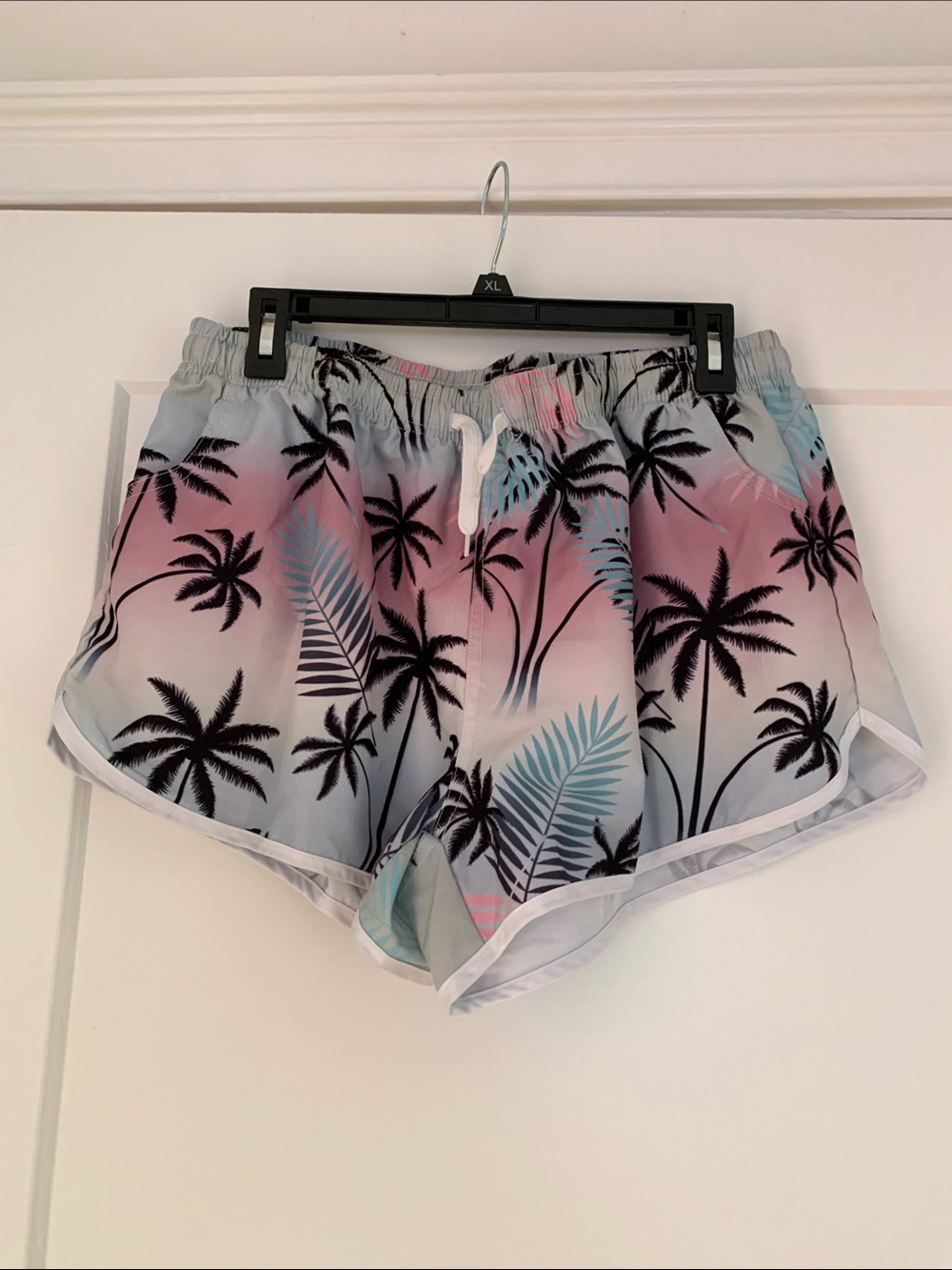 Tropical Palm Print Men’s Swim Trunks - Pink Gradient